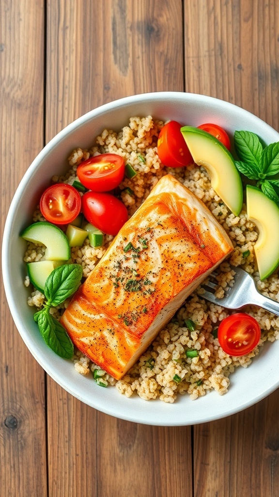 A colorful salmon quinoa bowl with salmon, quinoa, cherry tomatoes, cucumber, and avocado on a wooden table.